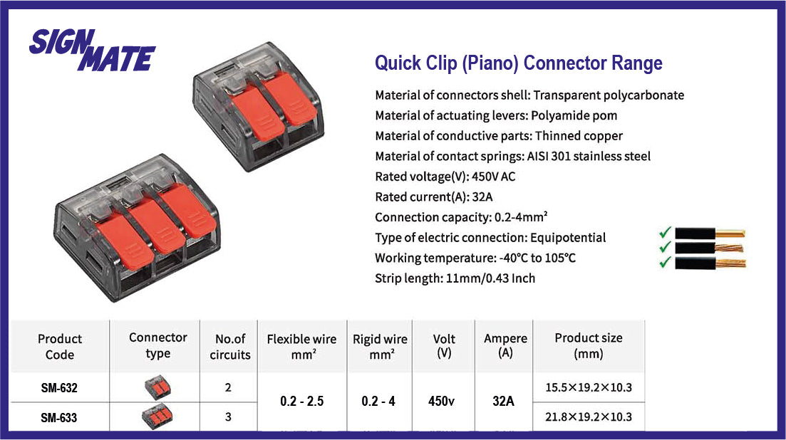 Quick Clip (Piano) Connectors - 3 Circuit